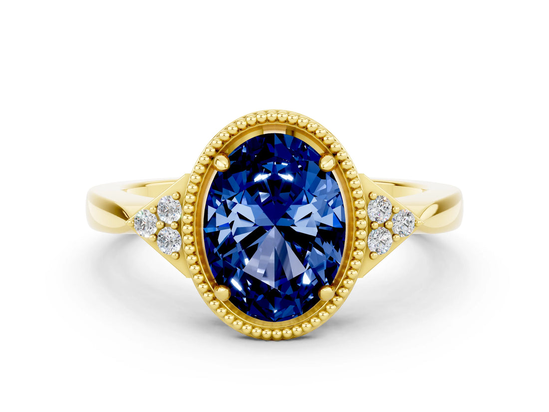 Yellow gold Oval Cut Blue Sapphire Halo Ring with Tapered Band and Four-Prong Setting_48