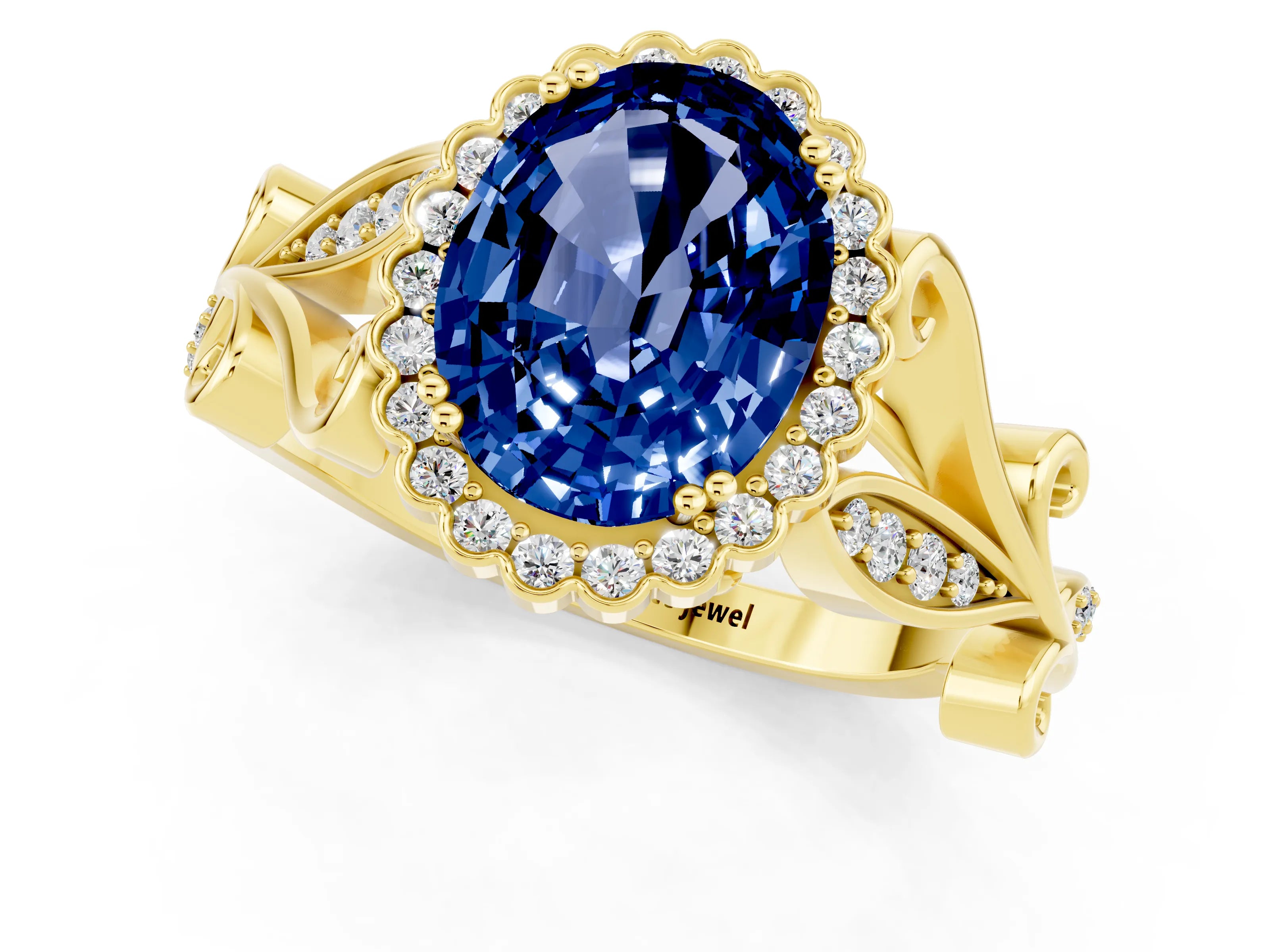 Yellow gold Oval Cut Blue Sapphire Halo Ring with Vintage Split Shank and Four-Prong Setting_1