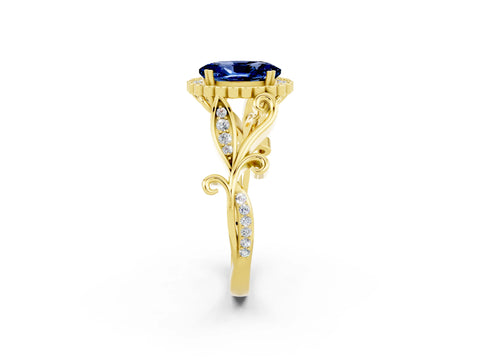 Yellow gold Oval Cut Blue Sapphire Halo Ring with Vintage Split Shank and Four-Prong Setting_2