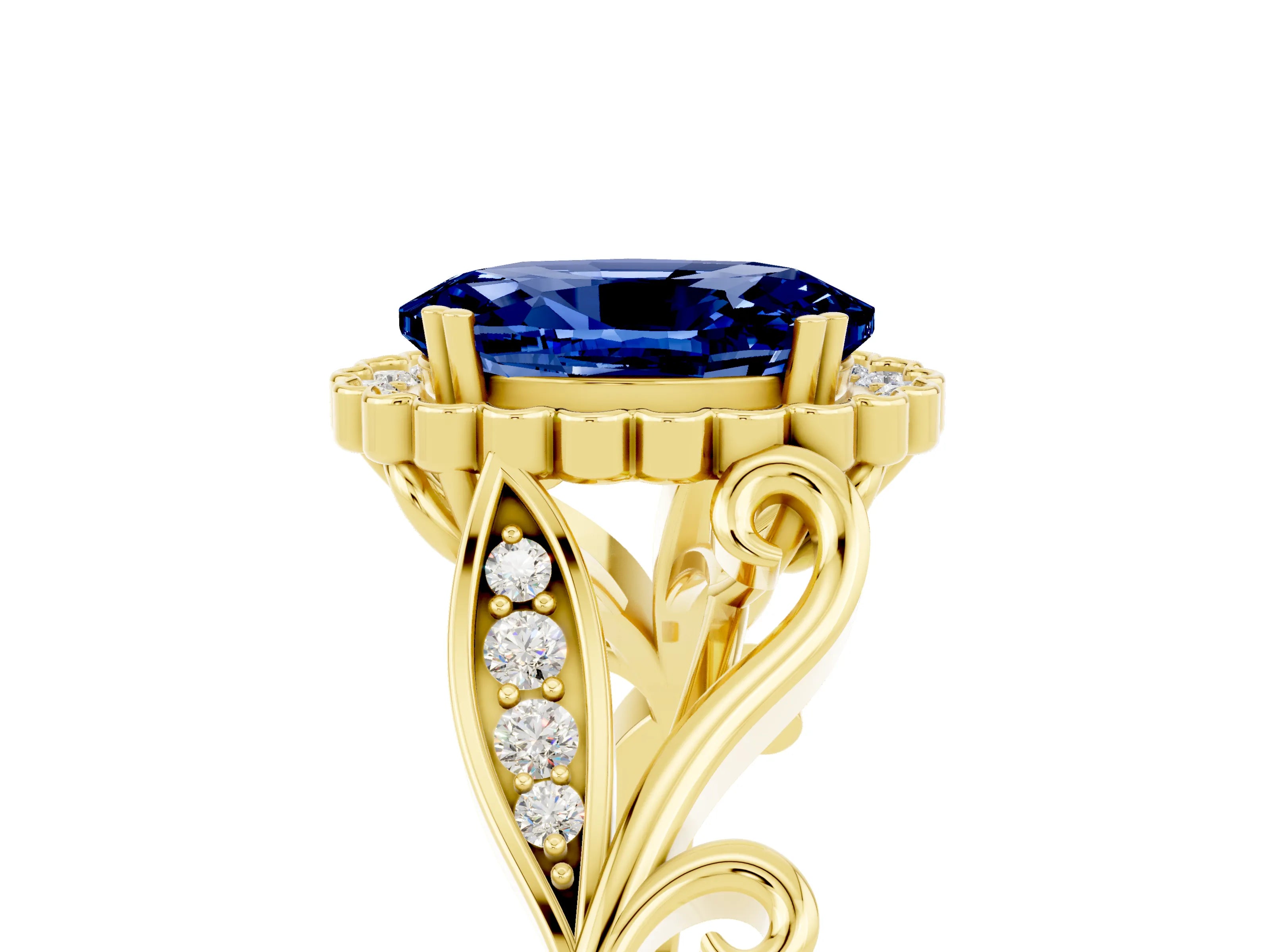 Yellow gold Oval Cut Blue Sapphire Halo Ring with Vintage Split Shank and Four-Prong Setting_5