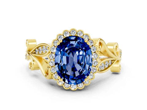 Yellow gold Oval Cut Blue Sapphire Halo Ring with Vintage Split Shank and Four-Prong Setting