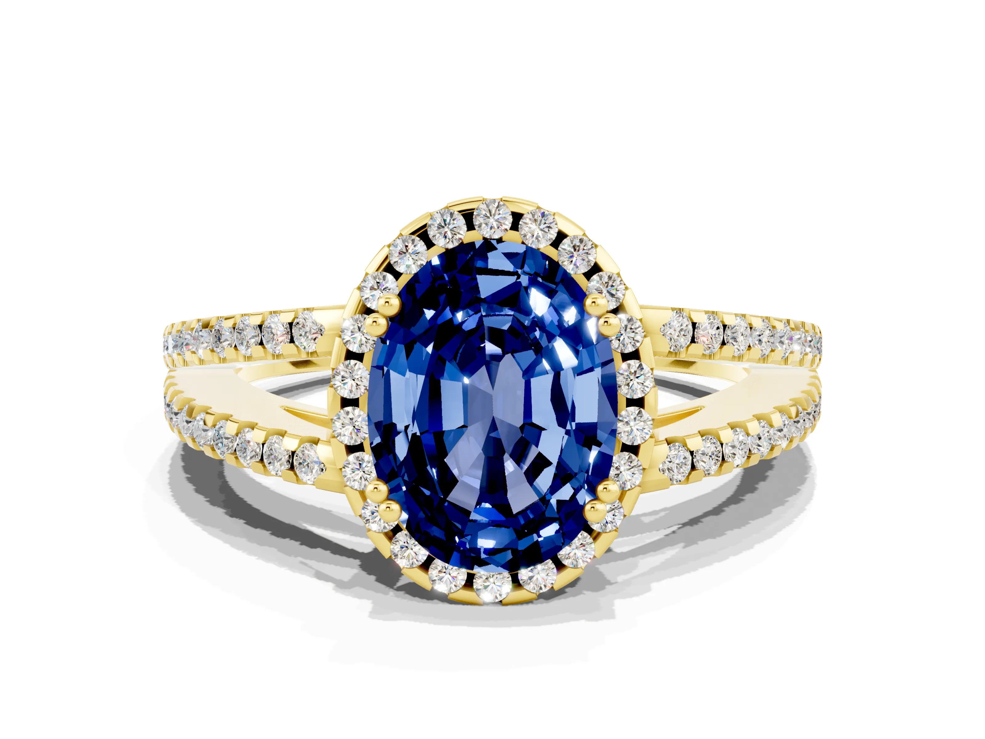 Yellow gold Oval Cut Blue Sapphire Halo Split Shank Engagement Ring_12