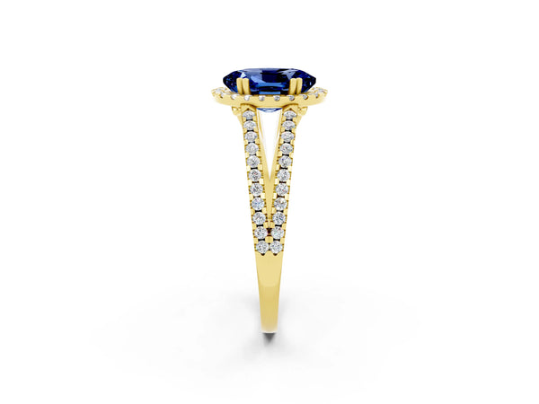 Yellow gold Oval Cut Blue Sapphire Halo Split Shank Engagement Ring