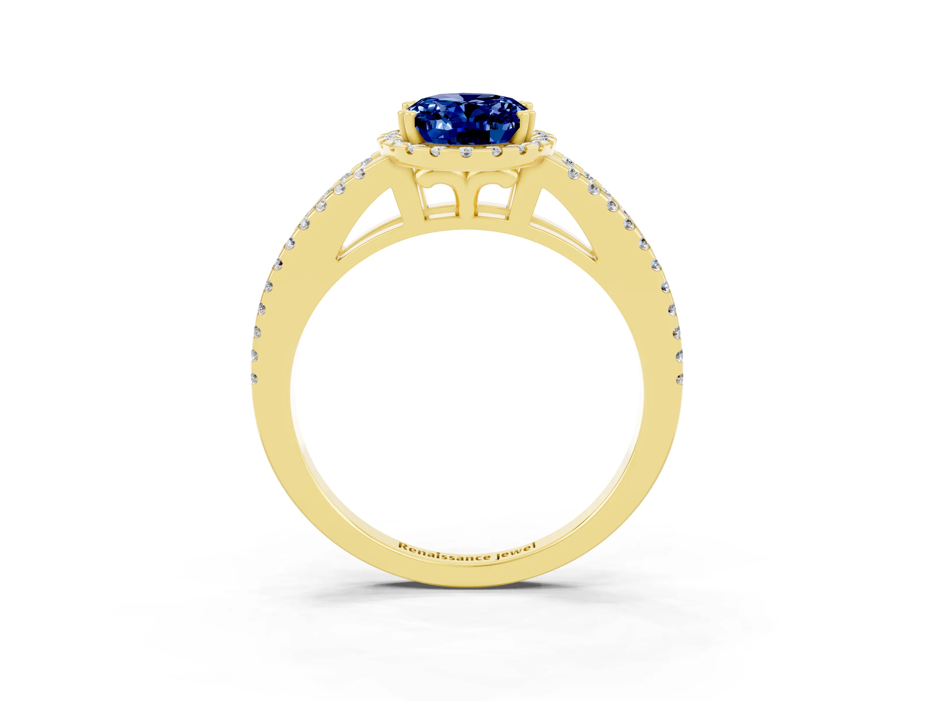 Yellow gold Oval Cut Blue Sapphire Halo Split Shank Engagement Ring_15