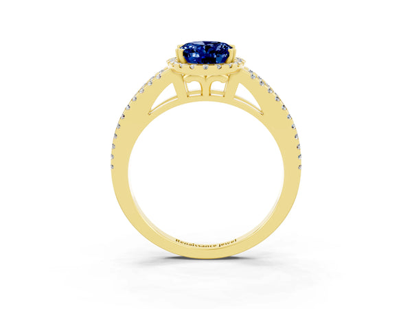 Yellow gold Oval Cut Blue Sapphire Halo Split Shank Engagement Ring