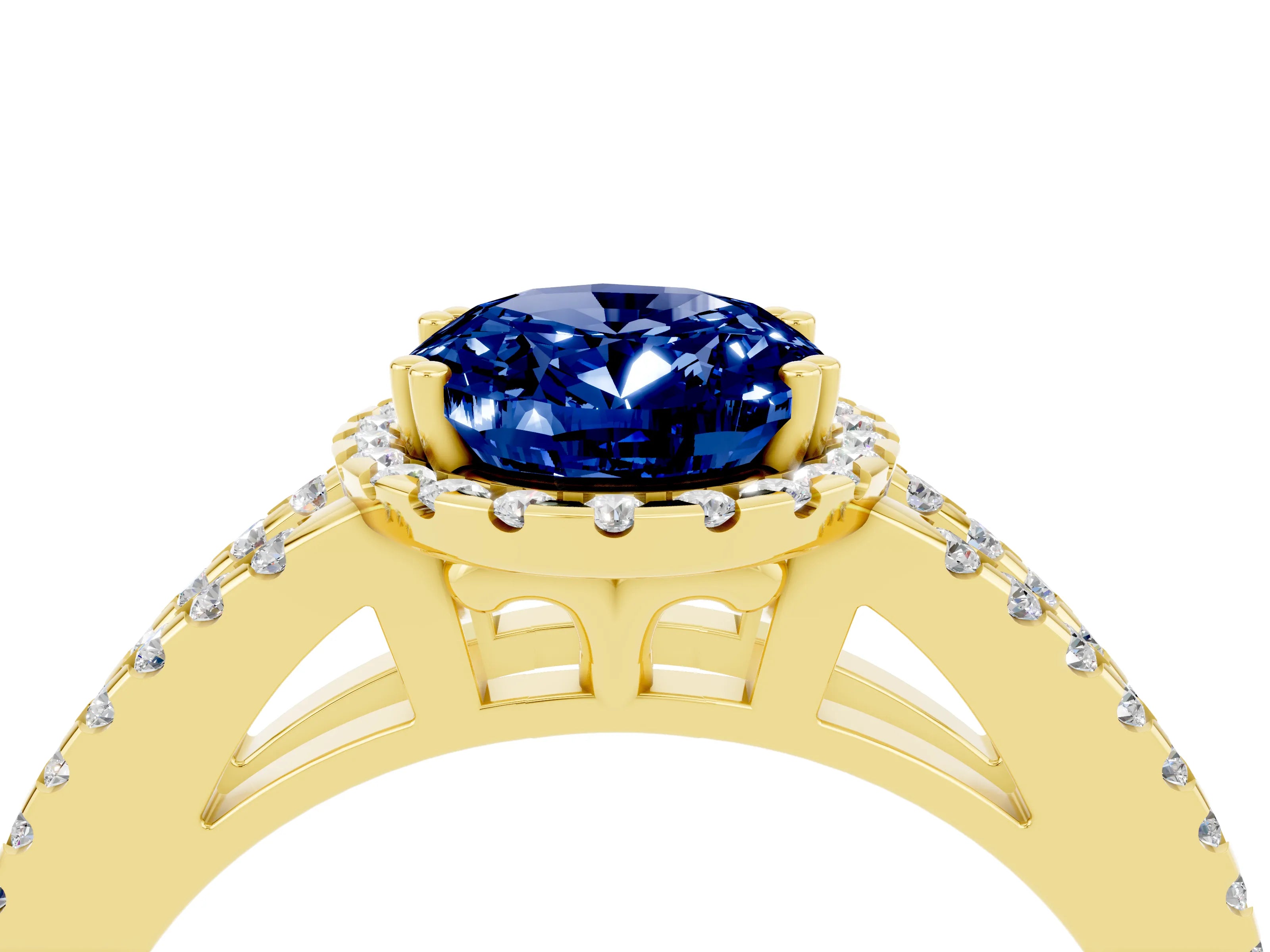 Yellow gold Oval Cut Blue Sapphire Halo Split Shank Engagement Ring_16