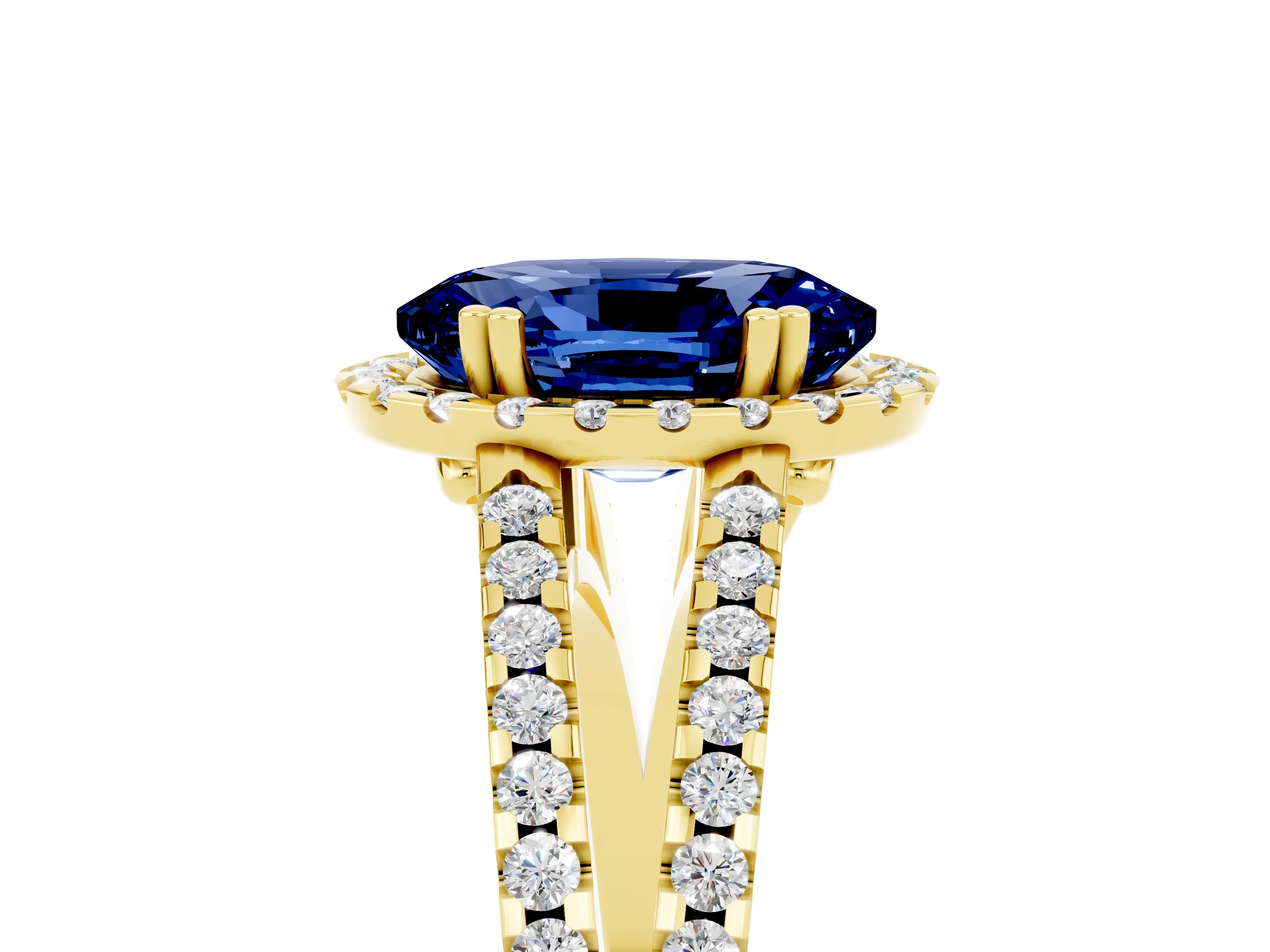Yellow gold Oval Cut Blue Sapphire Halo Split Shank Engagement Ring_17