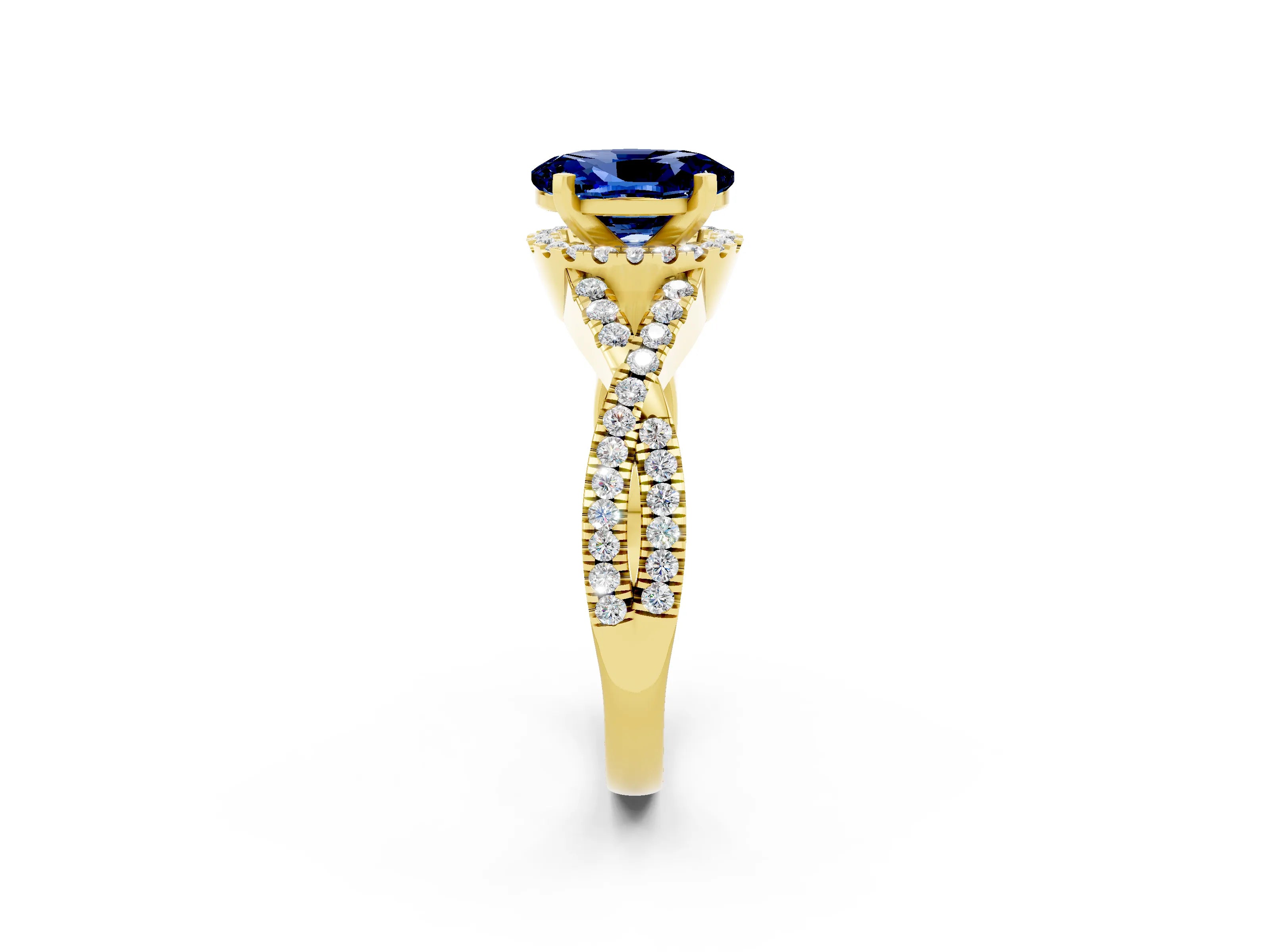 Yellow gold Oval Cut Blue Sapphire Halo Twist Band Solitaire Prong Setting Ring_2