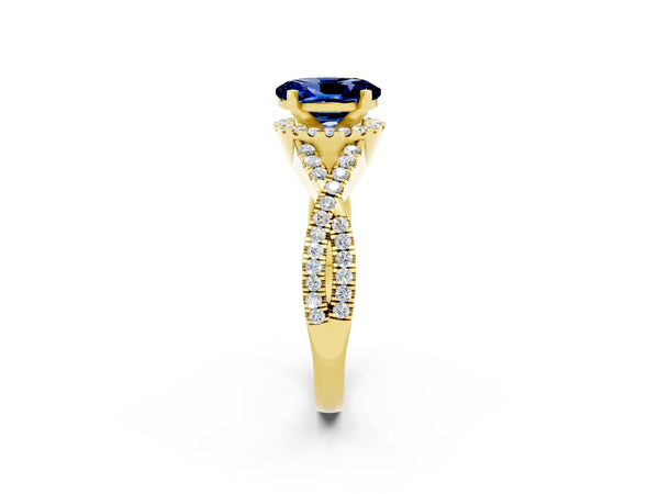 Yellow gold Oval Cut Blue Sapphire  Halo Twist Band Solitaire Prong Setting Ring