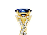 Yellow gold Oval Cut Blue Sapphire  Halo Twist Band Solitaire Prong Setting Ring_29
