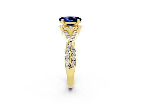Yellow gold Oval Cut Blue Sapphire Halo Twist Band Solitaire Prong Setting Ring_2