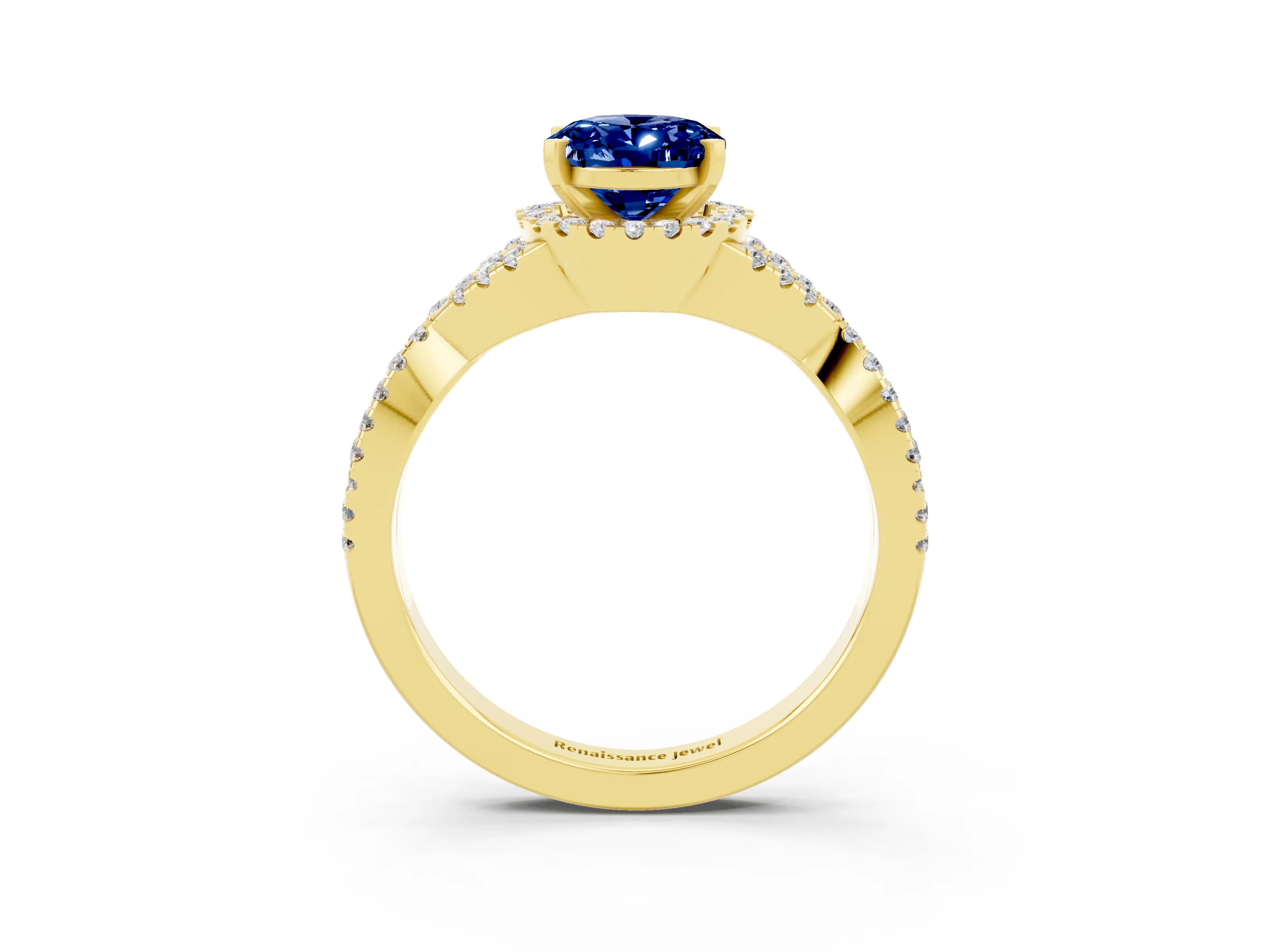Yellow gold Oval Cut Blue Sapphire Halo Twist Band Solitaire Prong Setting Ring_3