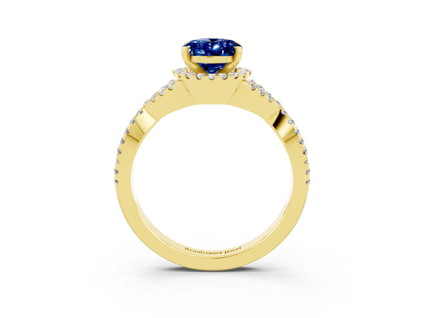 Yellow gold Oval Cut Blue Sapphire  Halo Twist Band Solitaire Prong Setting Ring