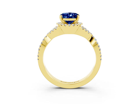 Yellow gold Oval Cut Blue Sapphire Halo Twist Band Solitaire Prong Setting Ring_3