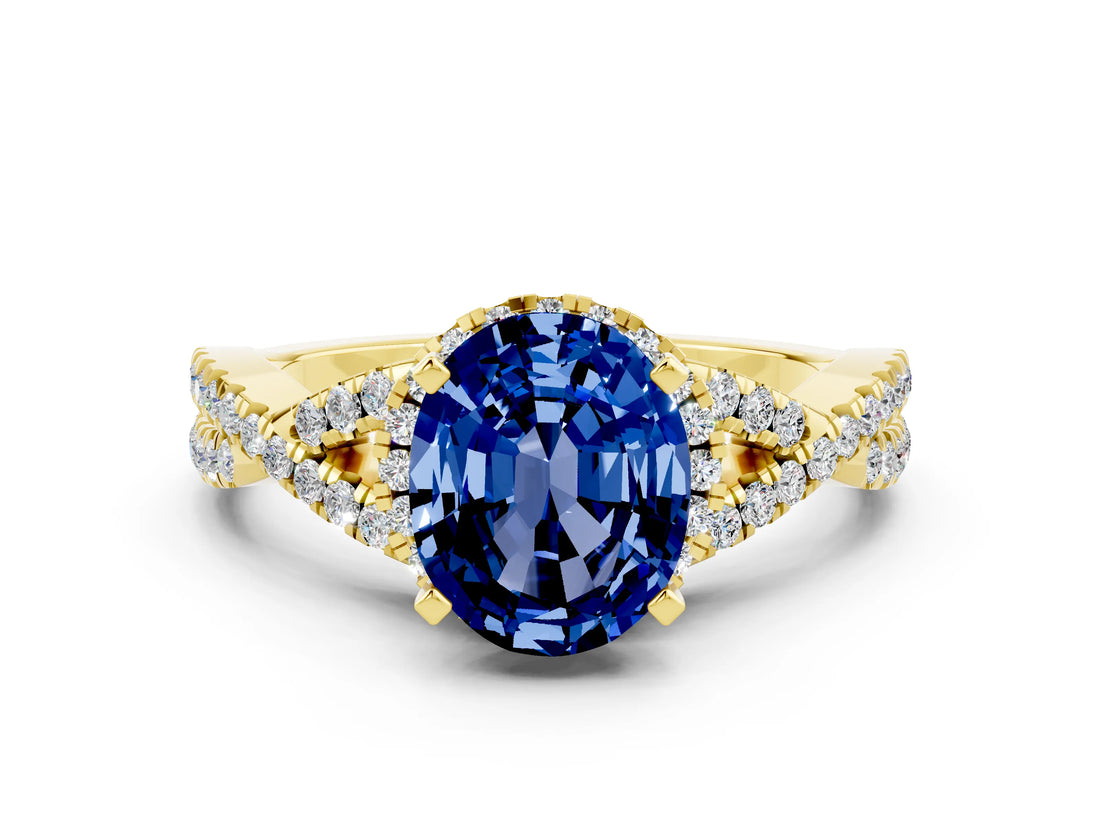 Yellow gold Oval Cut Blue Sapphire  Halo Twist Band Solitaire Prong Setting Ring_42