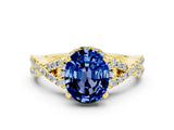 Yellow gold Oval Cut Blue Sapphire  Halo Twist Band Solitaire Prong Setting Ring_42