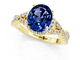 Yellow gold Oval Cut Blue Sapphire  Halo Twist Band Solitaire Prong Setting Ring_43
