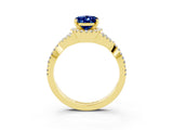 Yellow gold Oval Cut Blue Sapphire  Halo Twist Band Solitaire Prong Setting Ring_45