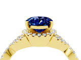Yellow gold Oval Cut Blue Sapphire  Halo Twist Band Solitaire Prong Setting Ring_46