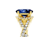 Yellow gold Oval Cut Blue Sapphire  Halo Twist Band Solitaire Prong Setting Ring_47