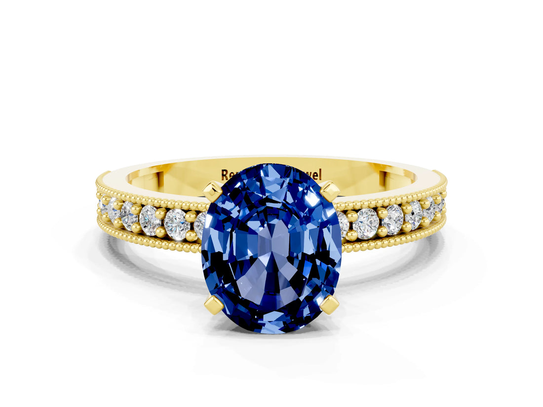 Yellow gold Oval Cut Blue Sapphire Milgrain Pavé Engagement Ring with Four-Prong Setting_12