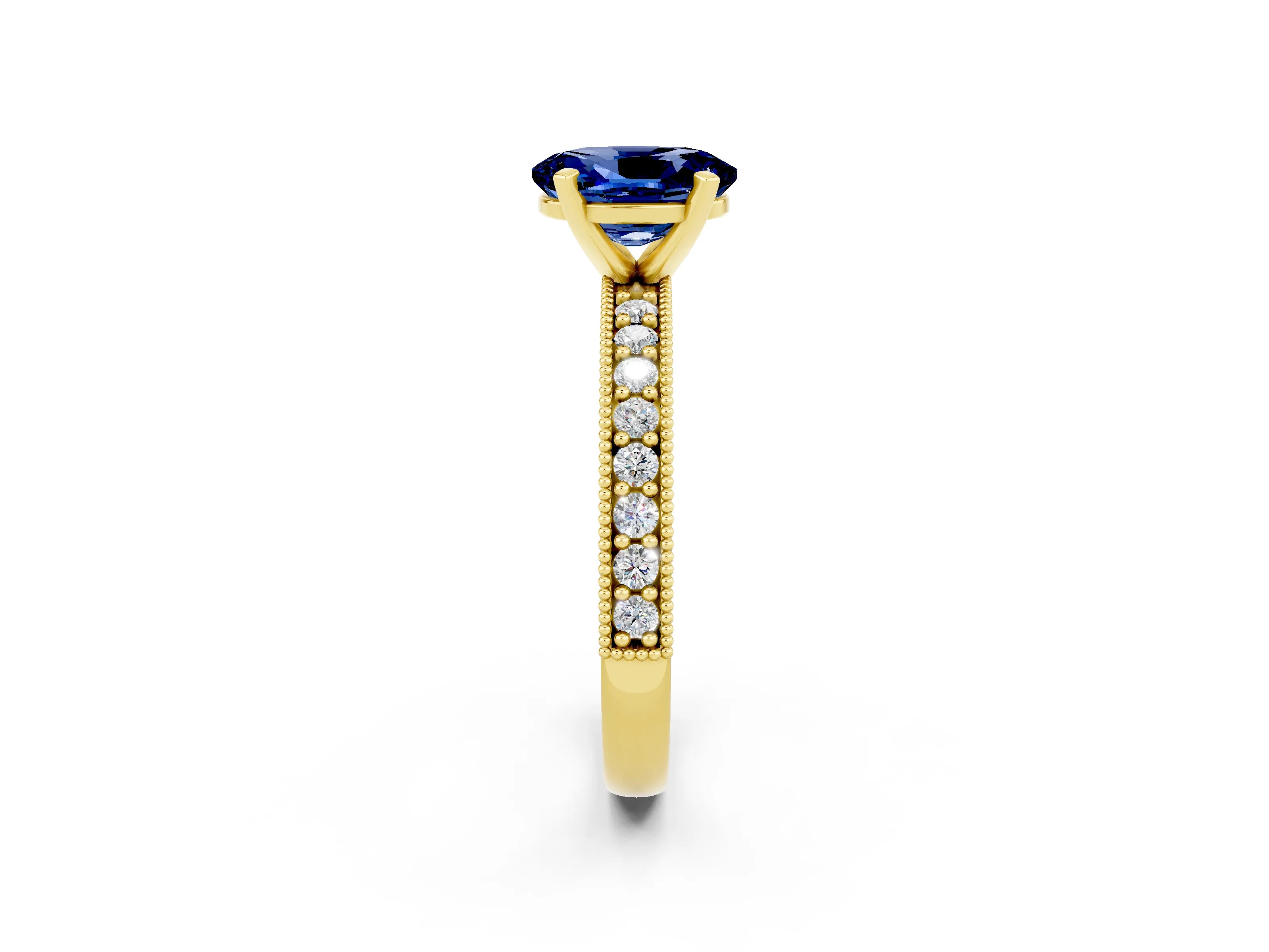 Yellow gold Oval Cut Blue Sapphire Milgrain Pavé Engagement Ring with Four-Prong Setting_14