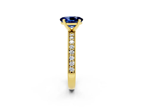 Yellow gold Oval Cut Blue Sapphire Milgrain Pavé Engagement Ring with Four-Prong Setting_14