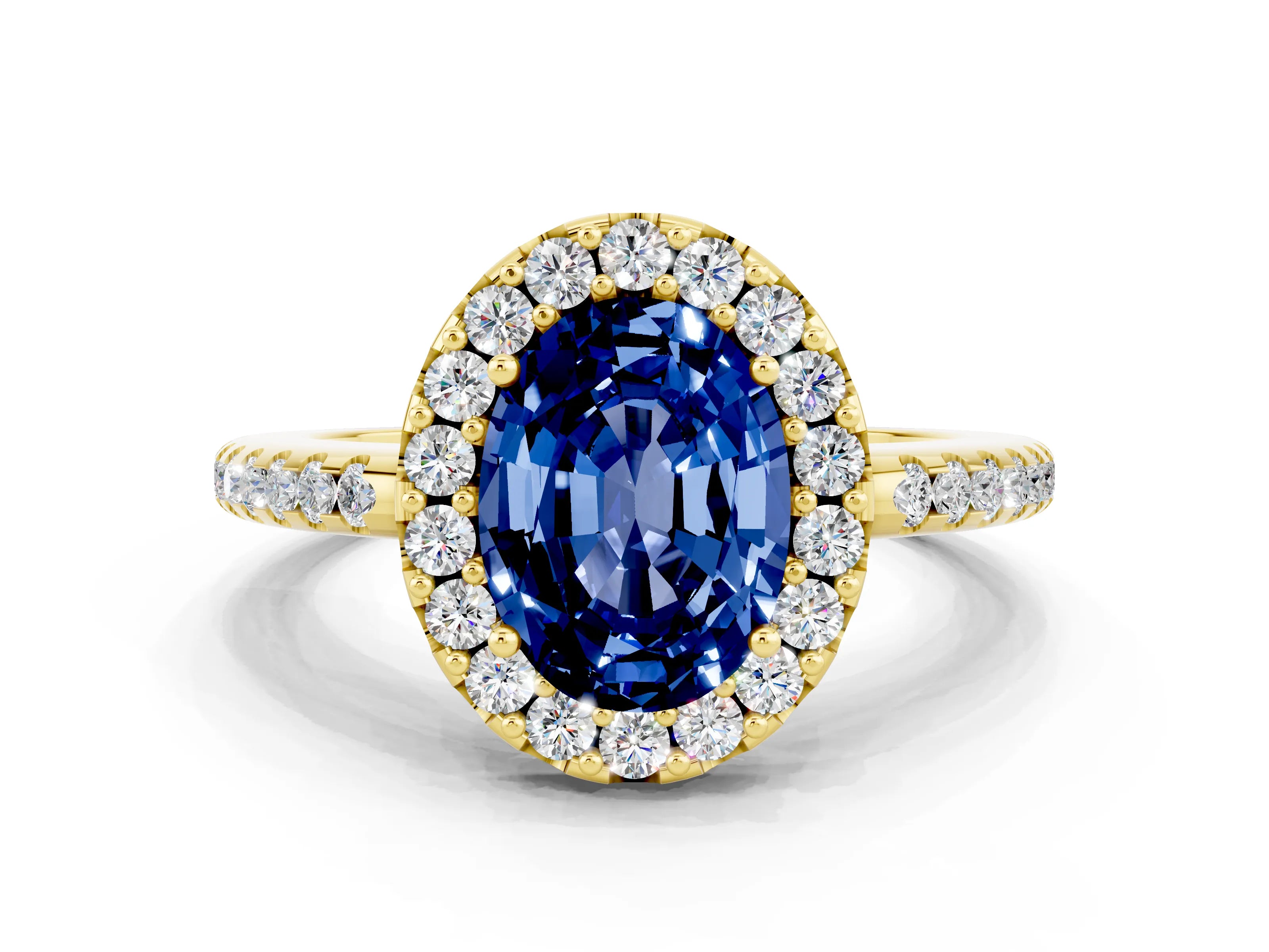 Yellow gold Oval Cut Blue Sapphire Pavé Halo Ring with Four-Prong Setting_12