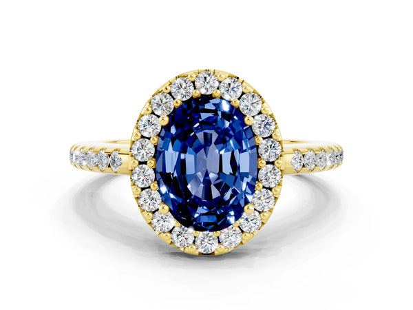 Yellow gold Oval Cut Blue Sapphire Pavé Halo Ring with Four-Prong Setting