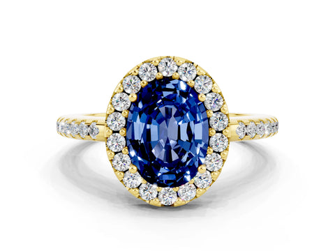 Yellow gold Oval Cut Blue Sapphire Pavé Halo Ring with Four-Prong Setting_12