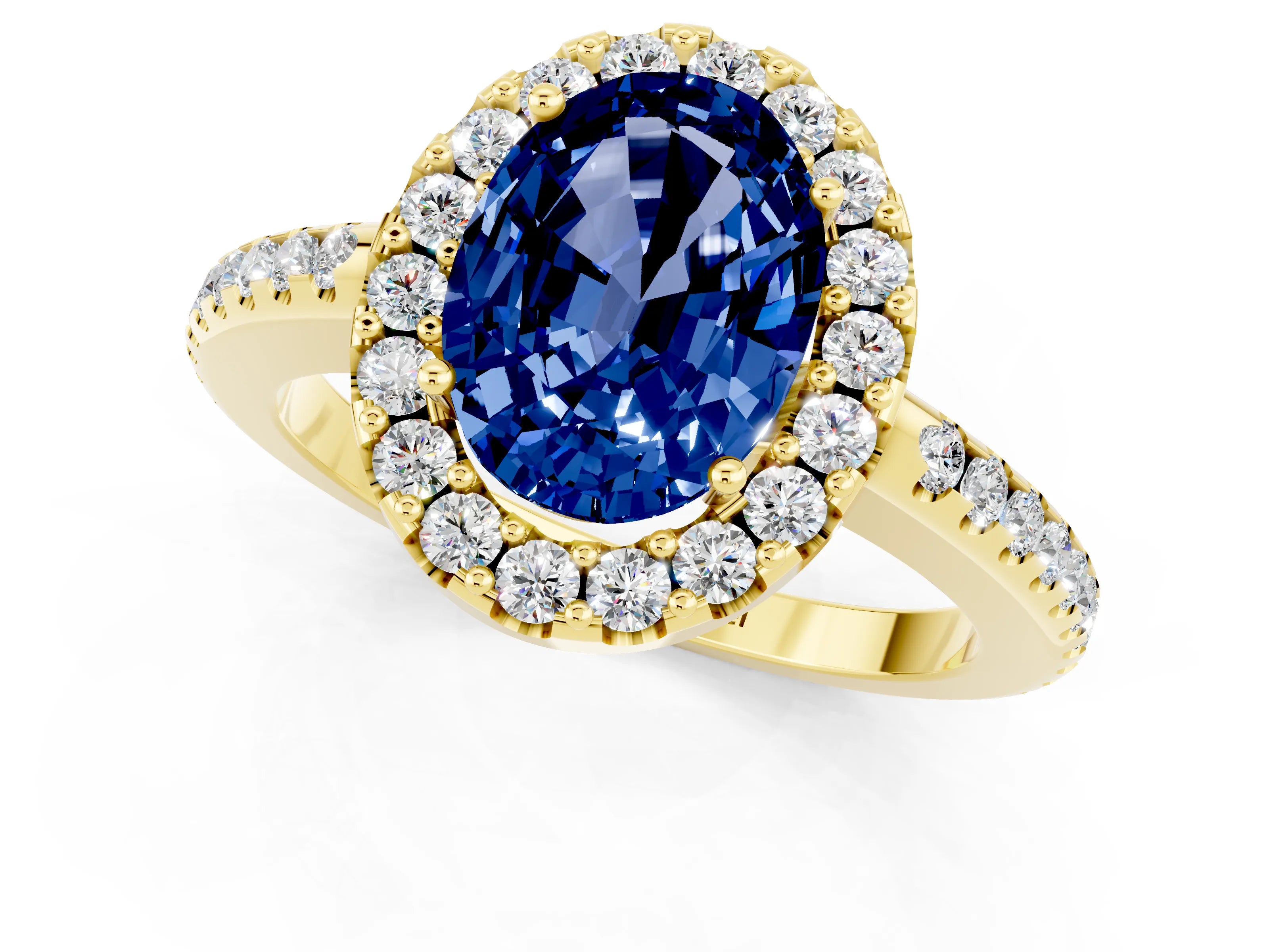 Yellow gold Oval Cut Blue Sapphire Pavé Halo Ring with Four-Prong Setting_13