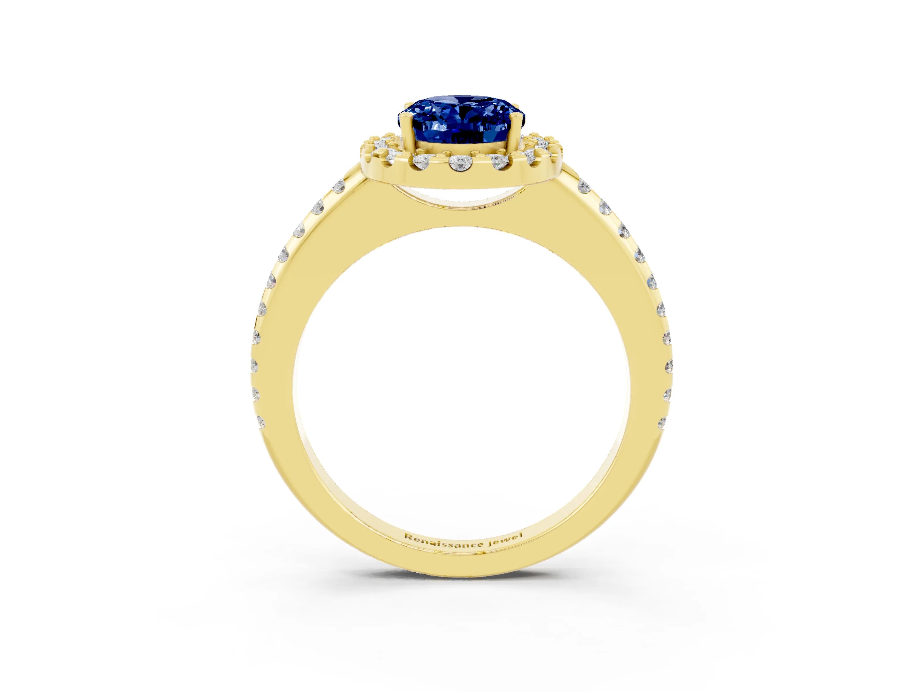 Yellow gold Oval Cut Blue Sapphire Pavé Halo Ring with Four-Prong Setting_15