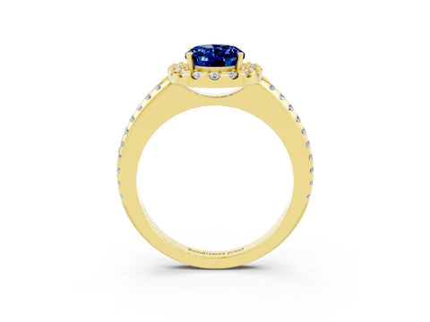 Yellow gold Oval Cut Blue Sapphire Pavé Halo Ring with Four-Prong Setting_15