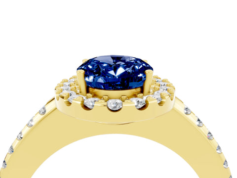 Yellow gold Oval Cut Blue Sapphire Pavé Halo Ring with Four-Prong Setting_16