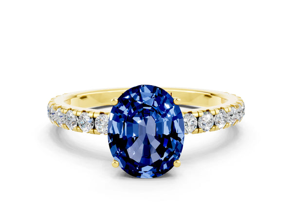 Yellow gold Oval Cut Blue Sapphire Pavé Solitaire Engagement Ring with Four-Prong Setting