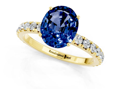 Yellow gold Oval Cut Blue Sapphire Pavé Solitaire Engagement Ring with Four-Prong Setting_13