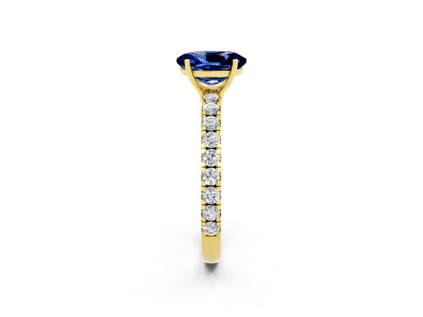 Yellow gold Oval Cut Blue Sapphire Pavé Solitaire Engagement Ring with Four-Prong Setting