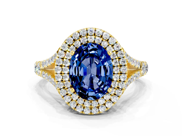 Yellow gold Oval Cut Blue Sapphire Pavé Split Shank Double Halo Engagement Ring