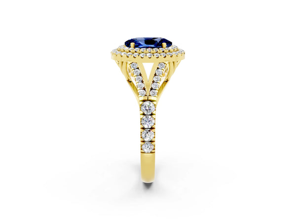 Yellow gold Oval Cut Blue Sapphire Pavé Split Shank Double Halo Engagement Ring