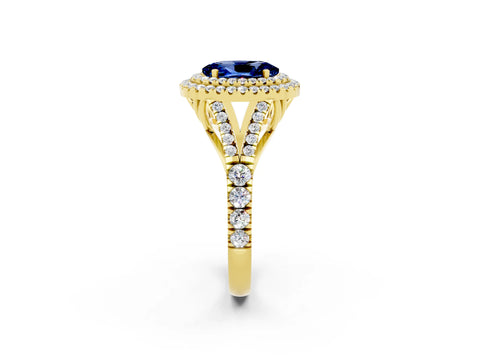 Yellow gold Oval Cut Blue Sapphire Pavé Split Shank Double Halo Engagement Ring_2