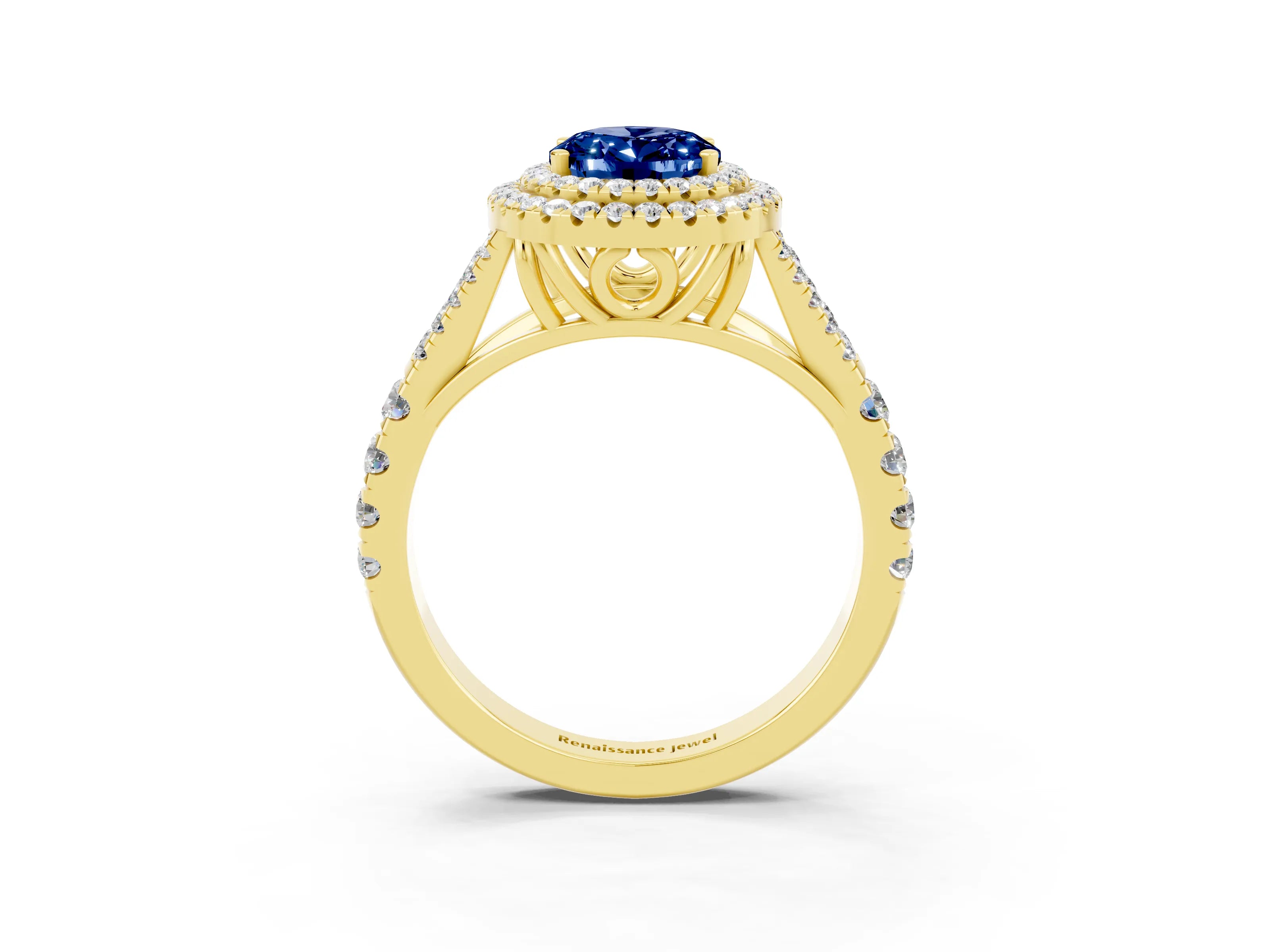 Yellow gold Oval Cut Blue Sapphire Pavé Split Shank Double Halo Engagement Ring_3