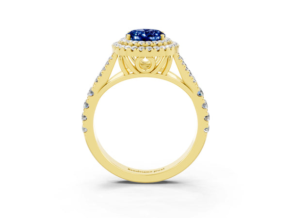 Yellow gold Oval Cut Blue Sapphire Pavé Split Shank Double Halo Engagement Ring
