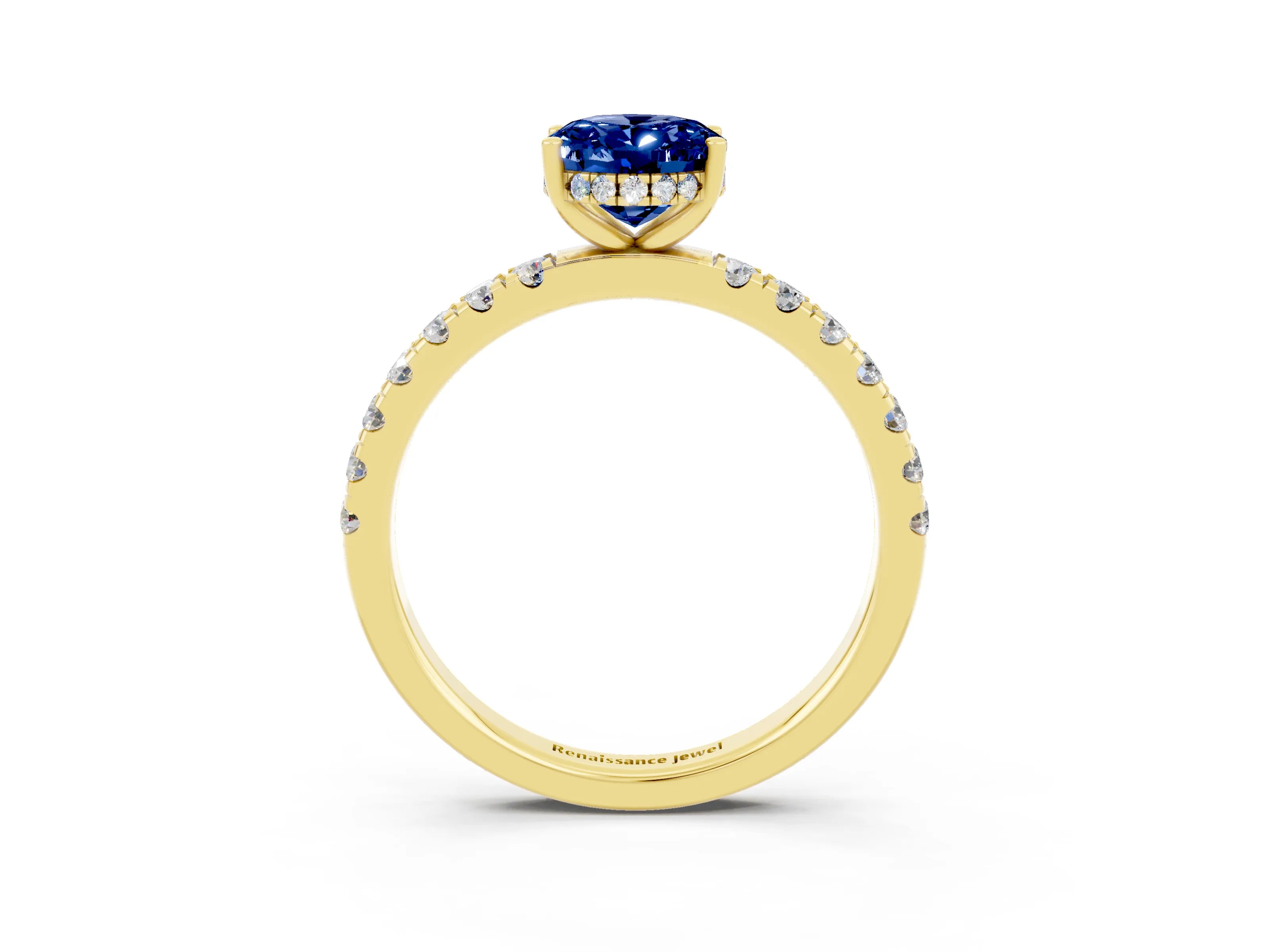 Yellow gold Oval Cut Blue Sapphire Pave Band Solitaire Ring with Four-Prong Setting_27