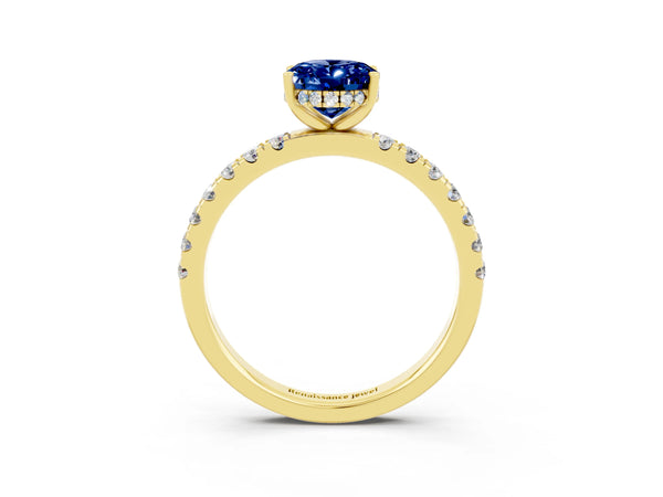 Yellow gold Oval Cut Blue Sapphire Pave Band Solitaire Ring with Round  and Prong Setting