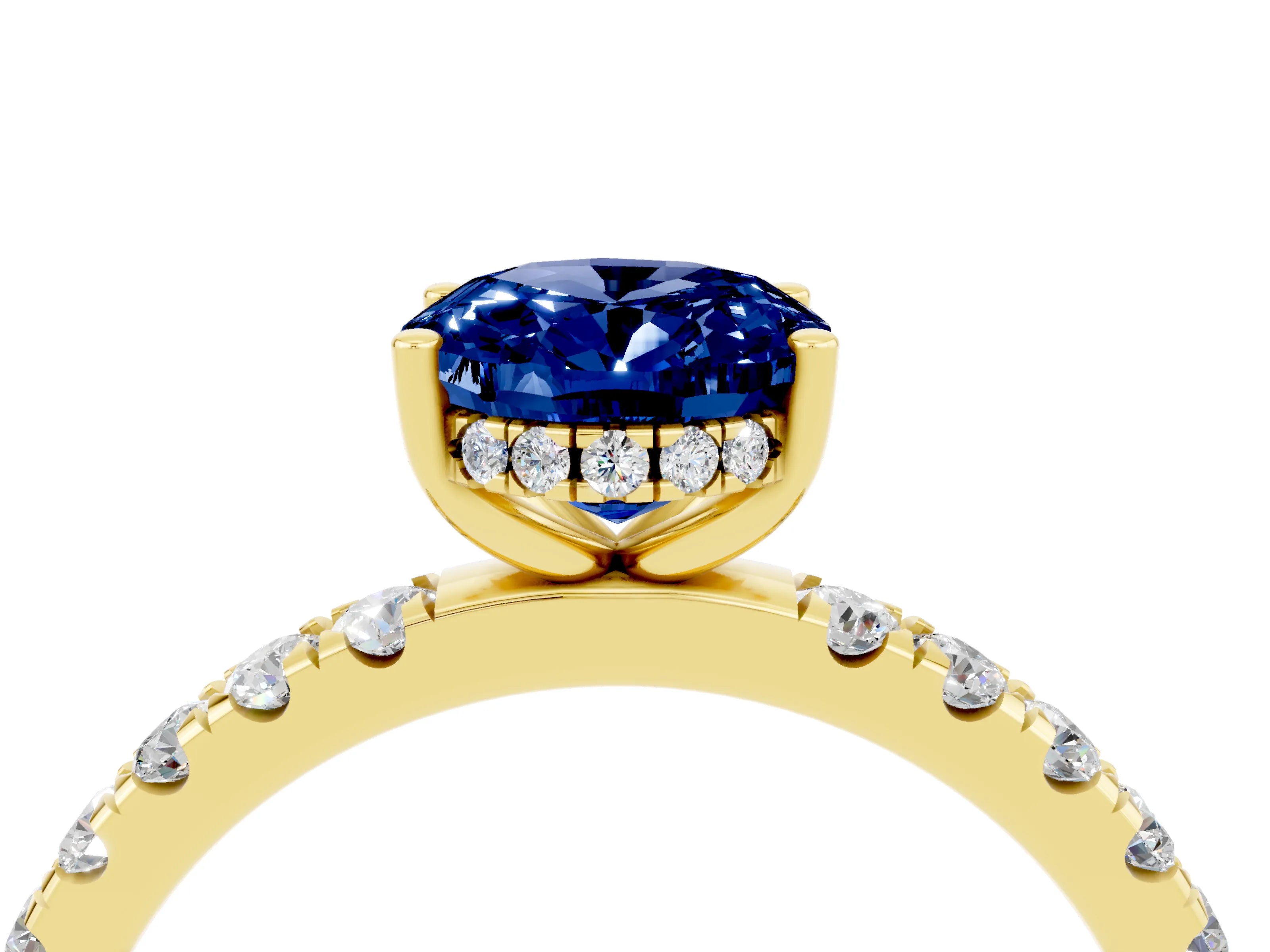 Yellow gold Oval Cut Blue Sapphire Pave Band Solitaire Ring with Four-Prong Setting_28