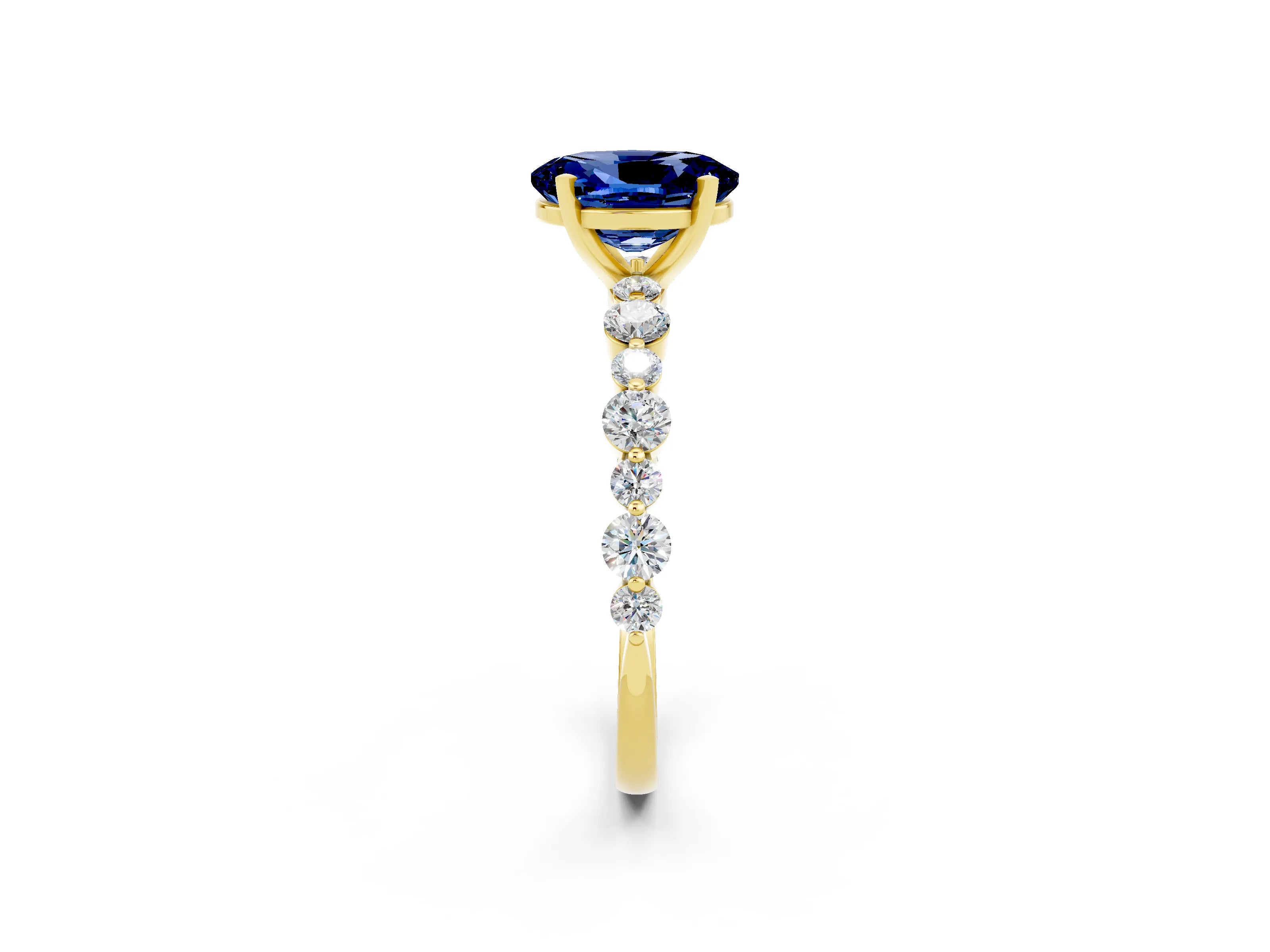 Yellow gold Oval Cut Blue Sapphire Prong Set Engagement Ring with Pavé Band_2