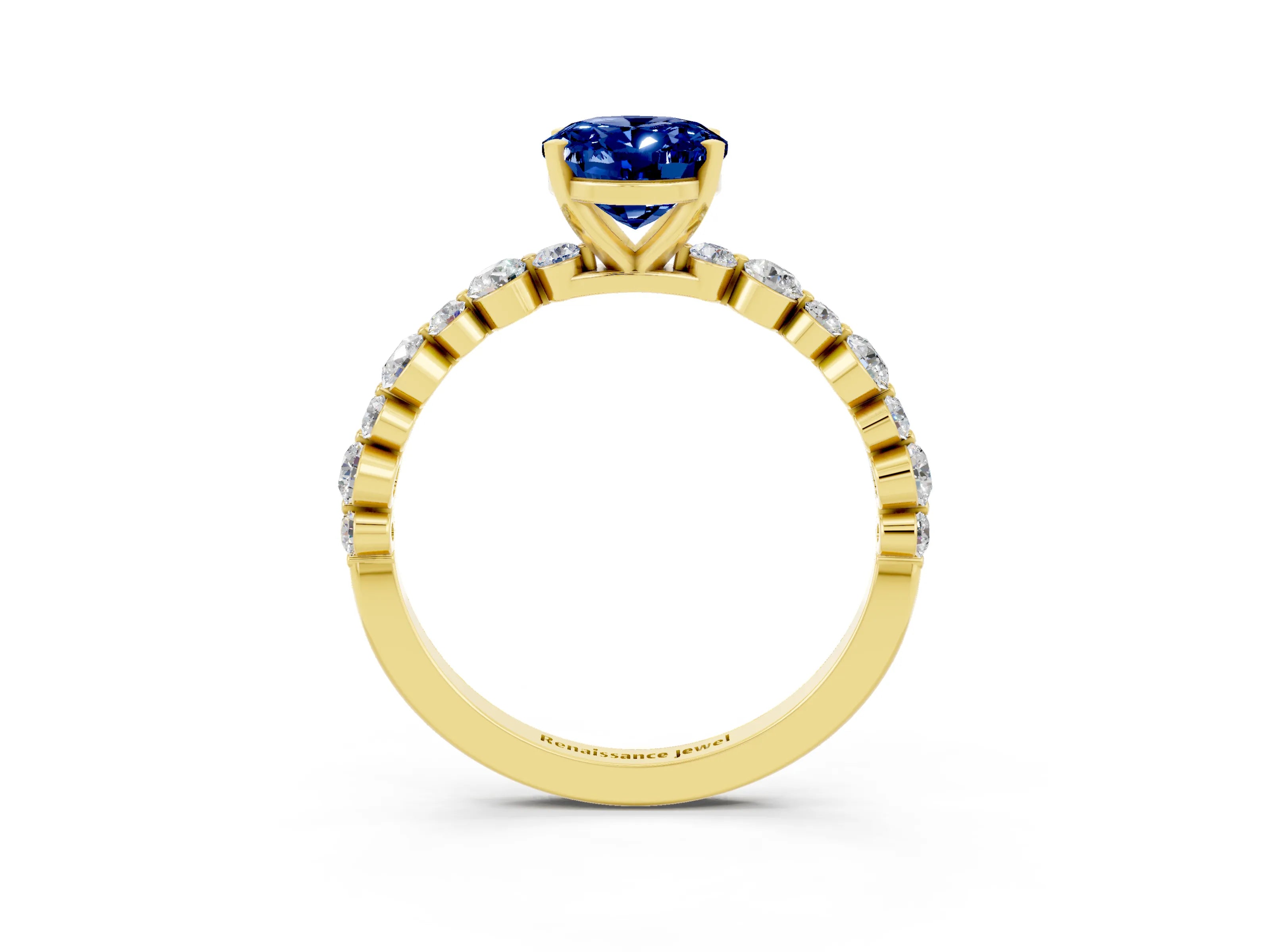 Yellow gold Oval Cut Blue Sapphire Prong Set Engagement Ring with Pavé Band_3