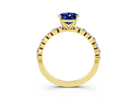 Yellow gold Oval Cut Blue Sapphire Prong Set Engagement Ring with Pavé Band_3