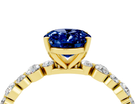 Yellow gold Oval Cut Blue Sapphire Prong Set Engagement Ring with Pavé Band_4