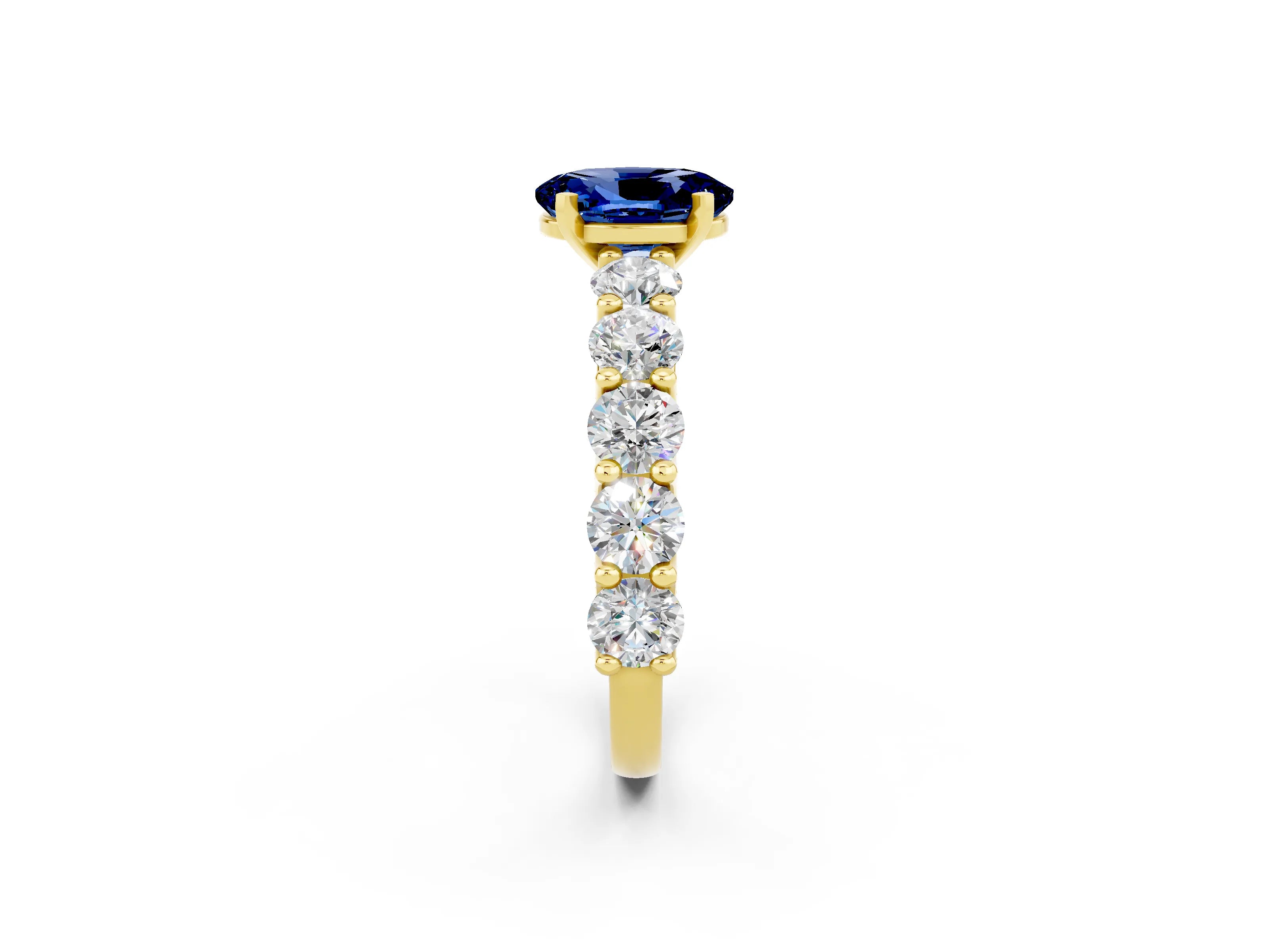 Yellow gold Oval Cut Blue Sapphire Prong Setting with Side Stones on a Pave Band_2